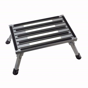 A portable aluminum step stool with black rubberized non-slip grips on the steps and black feet, shown on a plain white background.