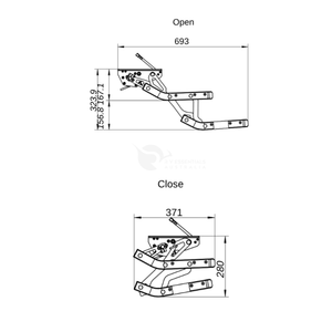 Technical dimension diagram of a window blind or roller shade shown in two positions: open and closed. The top diagram labeled 'Open' shows measurements 693 and 339.