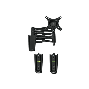 Black adjustable monitor arm with two additional mounting brackets on a white background