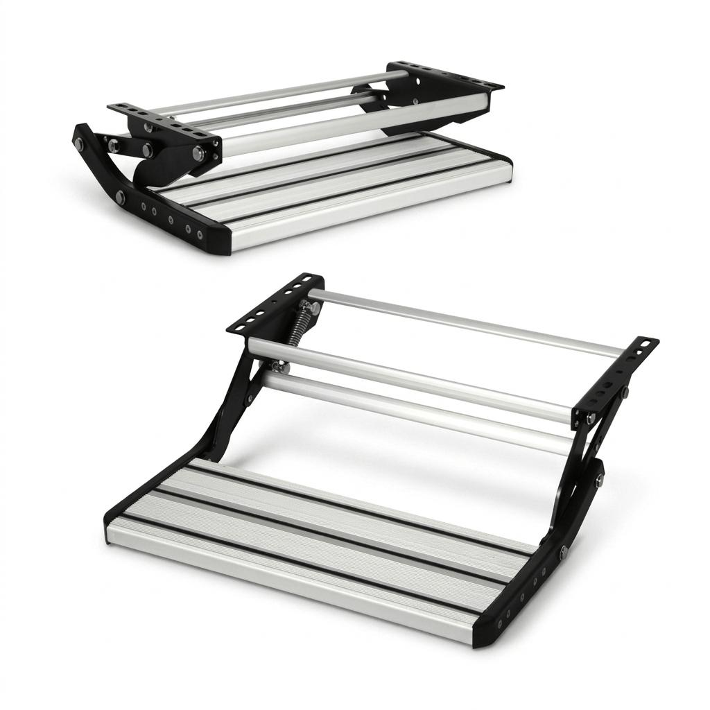 Top view of folded single pull-out caravan step with aluminium tread and 12mm bolt slots