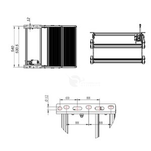 Drawing of the mounting rail showing 12 mm bolt holes and slot spacing for the electric double step