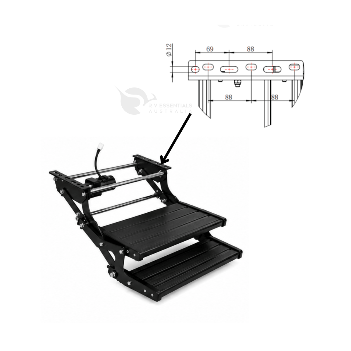 Dimension drawing of the black electric double caravan step showing the overall width and mounting hole spacing