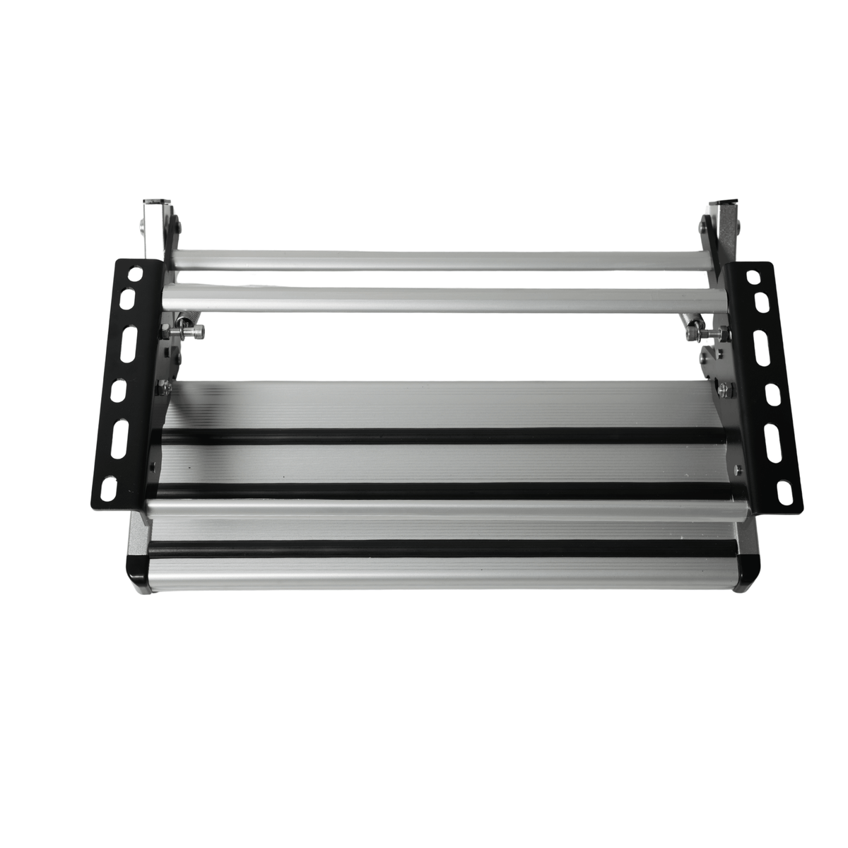 Top view of folded single pull-out caravan step with aluminium tread and 12mm bolt slots