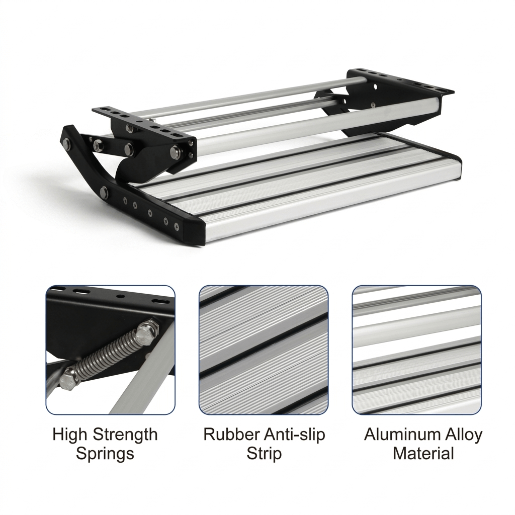 Caravan step close-up of strong springs, rubber grip strips and aluminium tread
