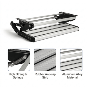 Caravan step close-up of strong springs, rubber grip strips and aluminium tread