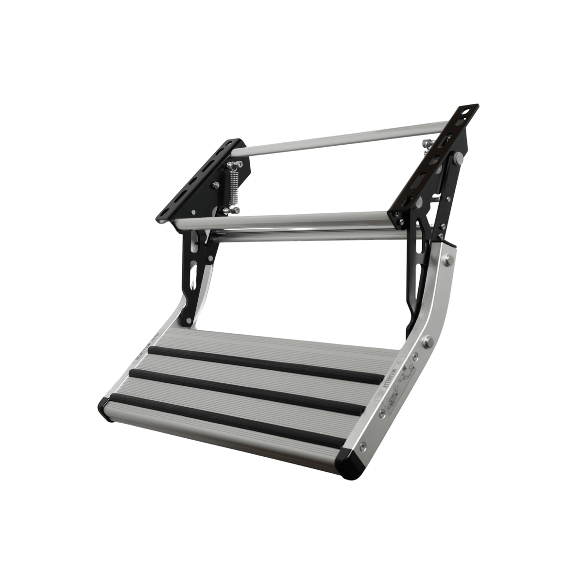 Spring-assisted single caravan step extended, showing black steel pivot arms