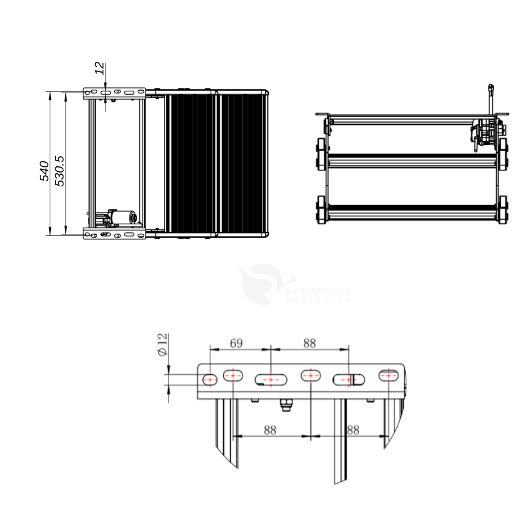 Technical dimension drawing of a caravan 12v step. shown in three orthographic views with measurements including 540, 580.5, 12, 69, 88, and Ø12 on a white background.