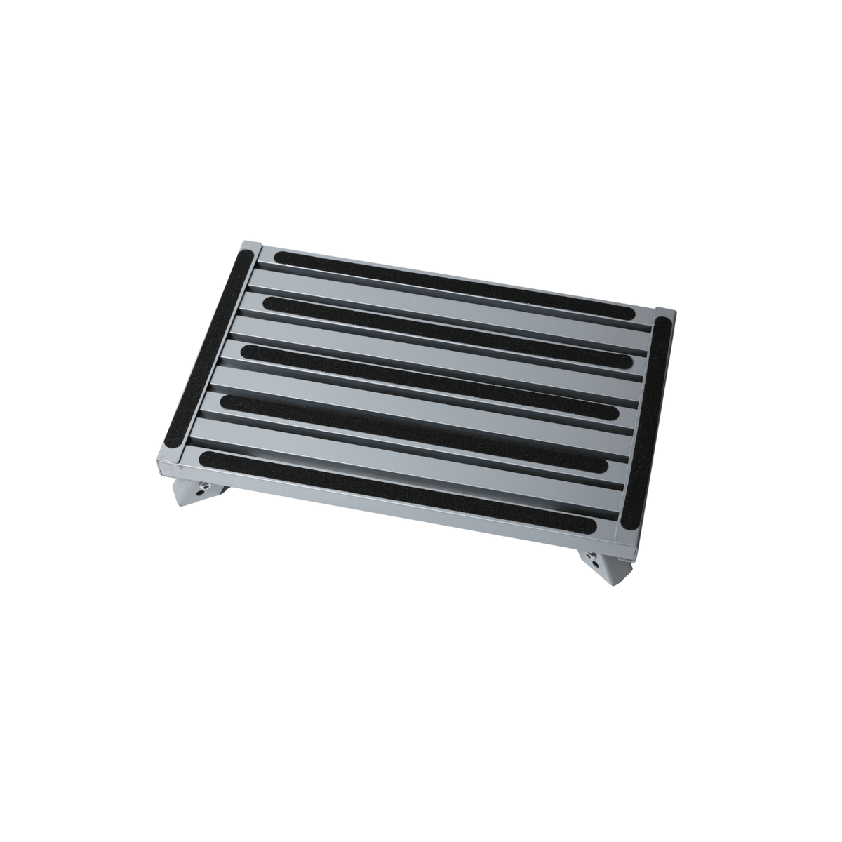 A rectangular metal step plate with a silver-gray frame and black rubberized grip strips on the top, shown at an angle on a plain white background.
