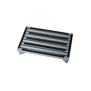 A rectangular metal step plate with a silver-gray frame and black rubberized grip strips on the top, shown at an angle on a plain white background.