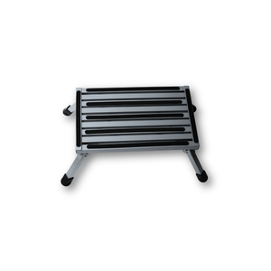 A small step stool with a silver aluminum frame and black rubberized non-slip grips on the step surface, shown from an elevated angle on a white background.
