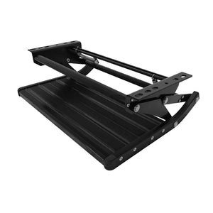 A black metal step ladder with a ribbed tread and adjustable mounting brackets, shown on a plain white background.