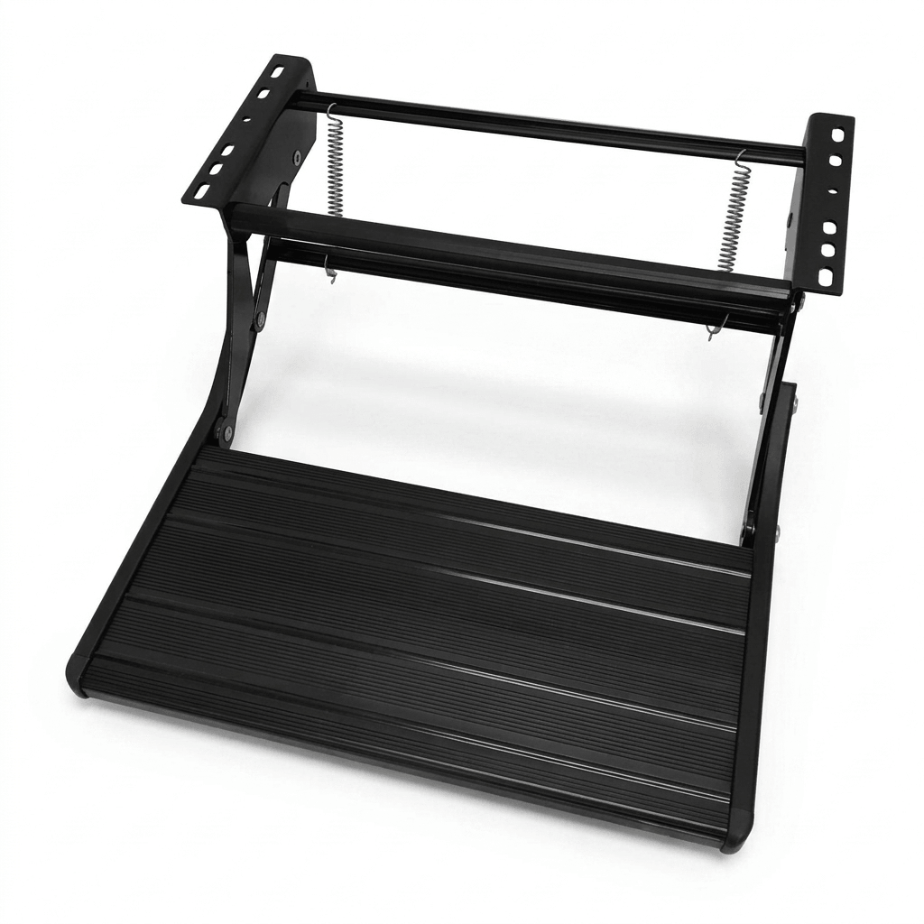 A black metal vehicle lift frame with a ribbed step plate and suspension springs, shown on a clean white background.