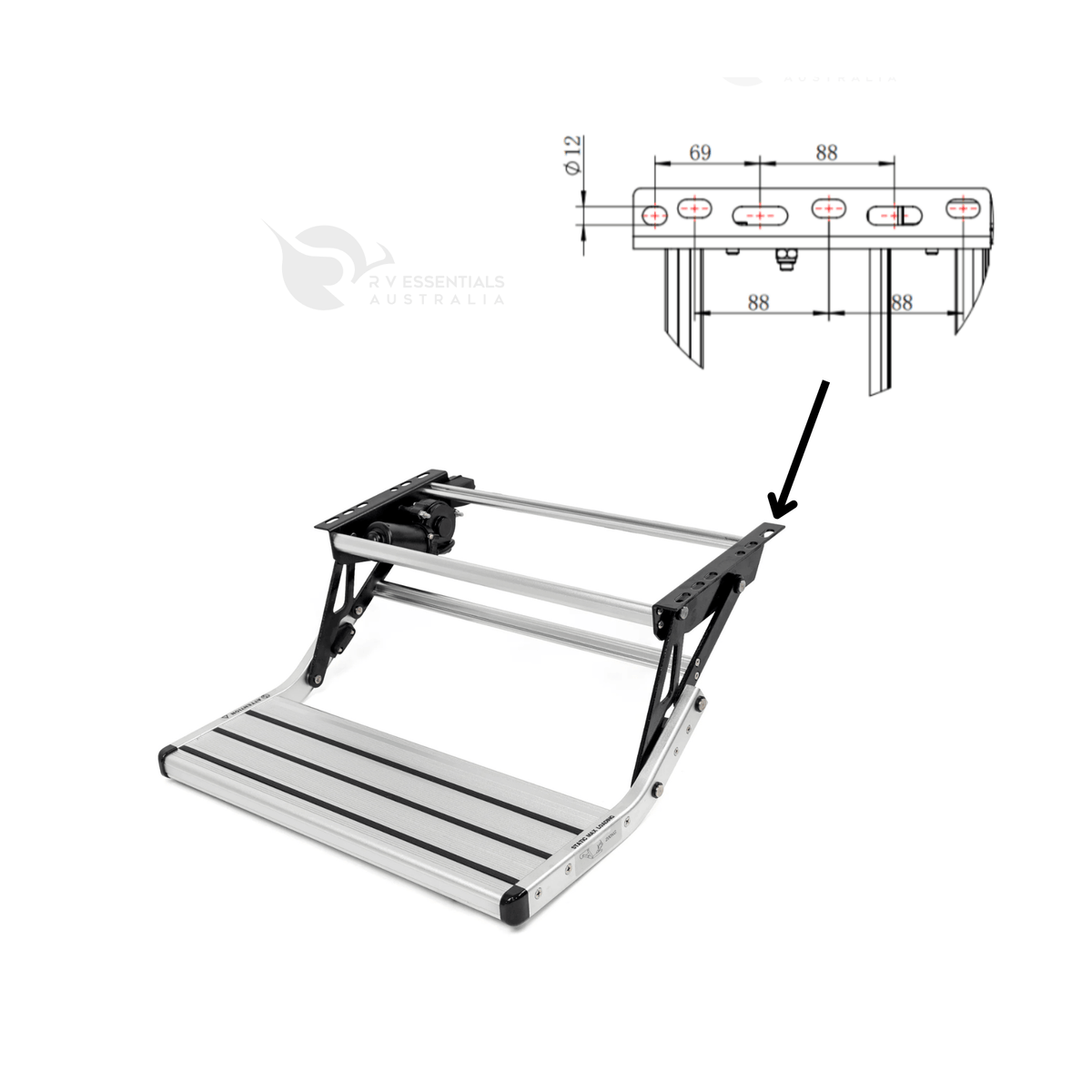 A silver aluminum and black metal step ladder shown on a white background, with a small technical dimension diagram and arrow pointing to the side rail.