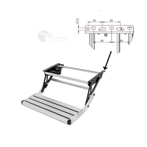 A silver aluminum and black metal step ladder shown on a white background, with a small technical dimension diagram and arrow pointing to the side rail.