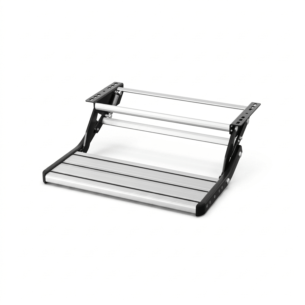 Aluminium single pull-out caravan step in open position with rubber grip strips