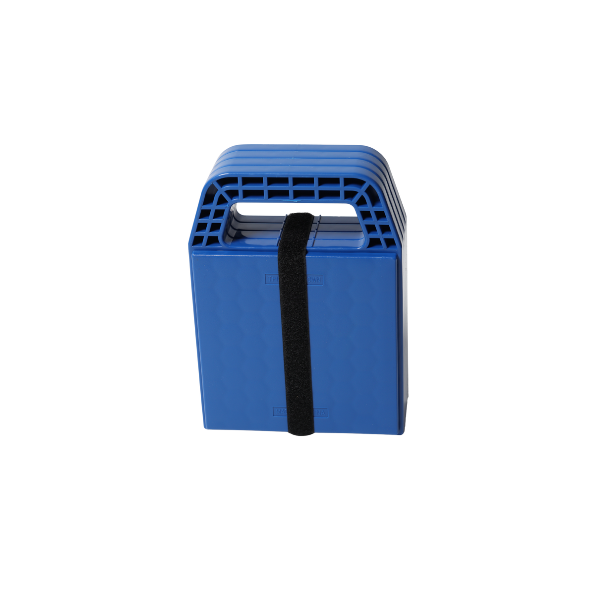 A blue plastic utility box with a black elastic strap, shown on a plain white background.
