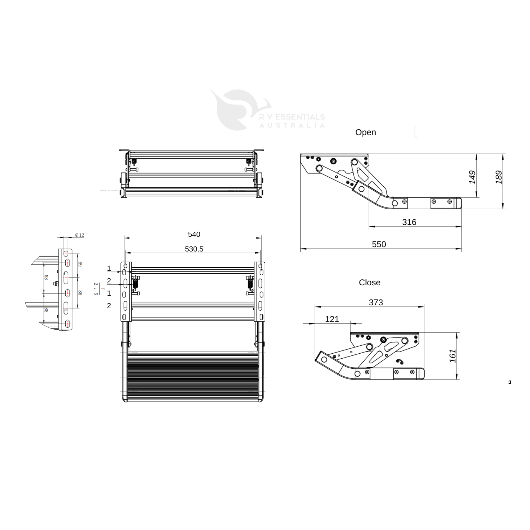 Single pull-out caravan step with mounting bracket hole spacing diagram, 69mm and 88mm slot centres