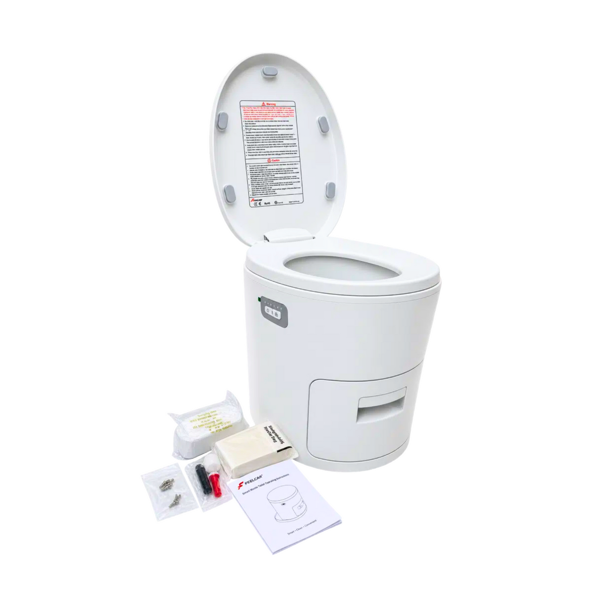 A white portable toilet with its lid open, shown on a clean white background with included accessories and paperwork placed in front. The product is branded with a small gray logo on the front panel.