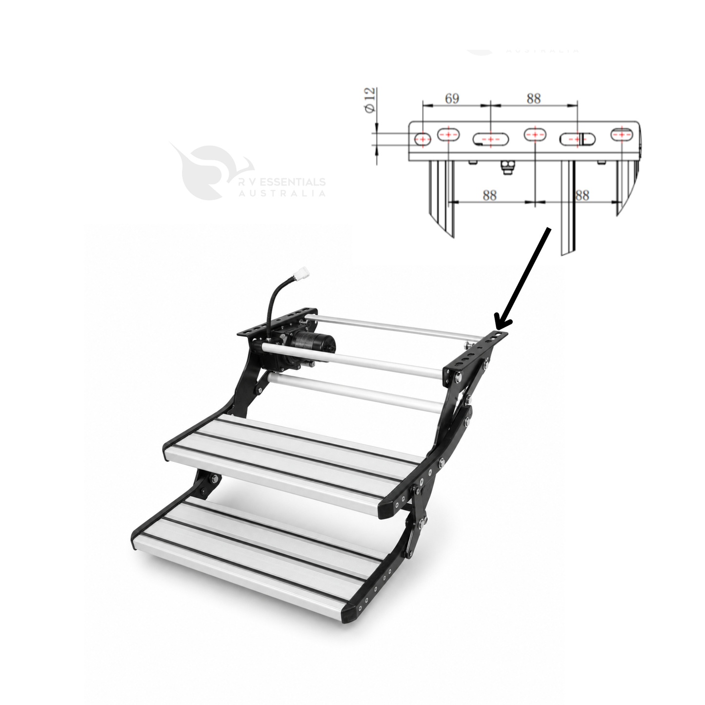 Side profile of silver electric double step showing two-tier drop
