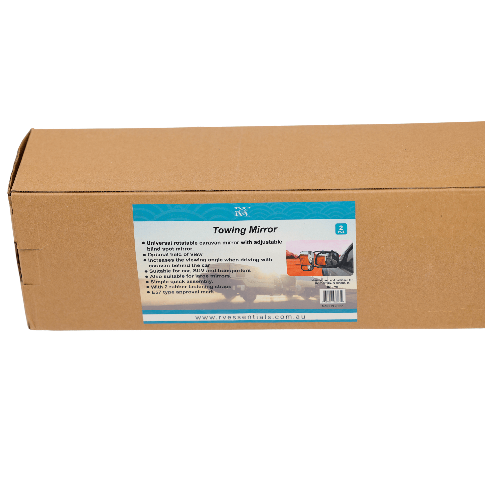 Cardboard packaging of RV Essentials Towing Mirror featuring adjustable lenses for enhanced towing visibility.