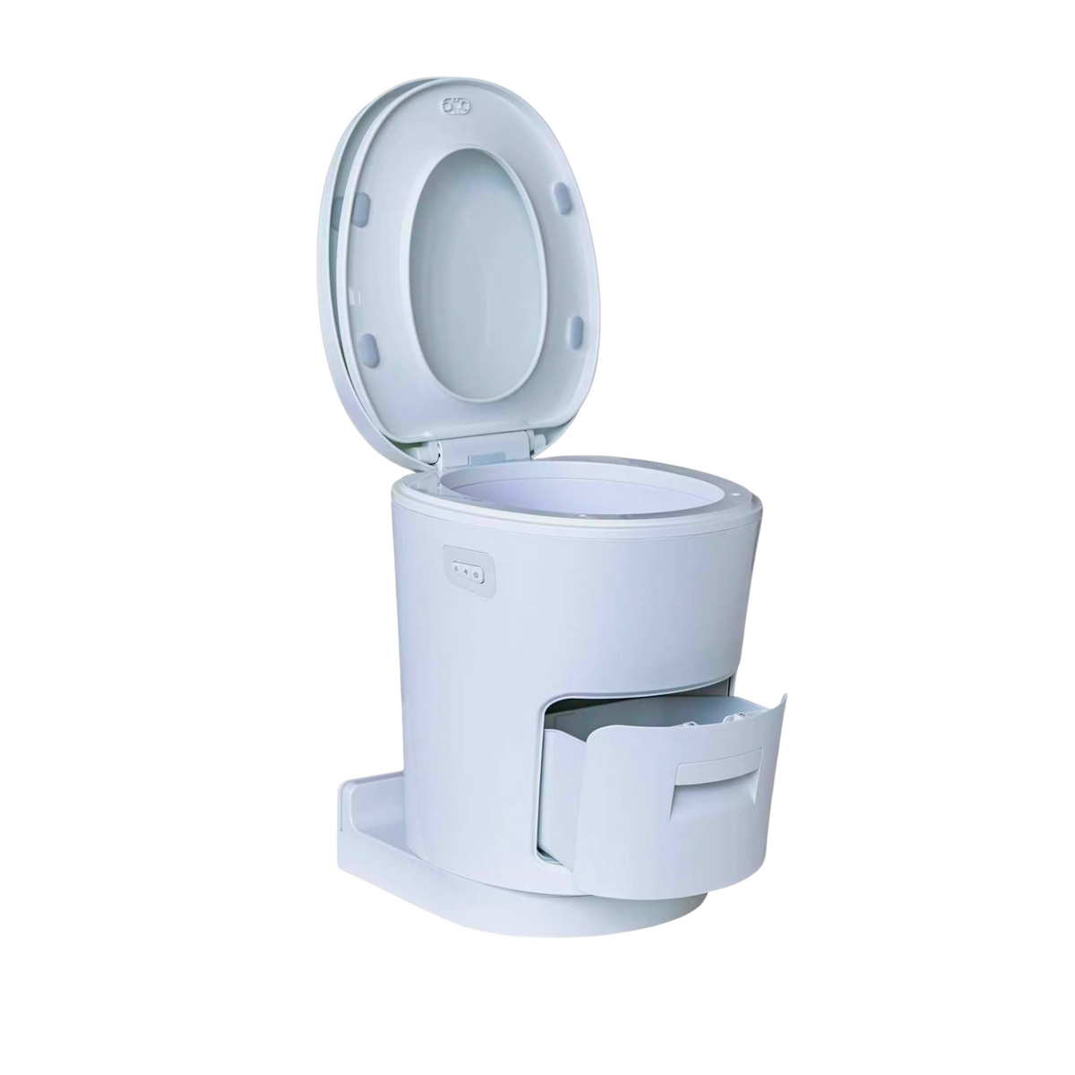 A portable toilet seat with an open lid and a small front storage drawer, shown on a plain white background.