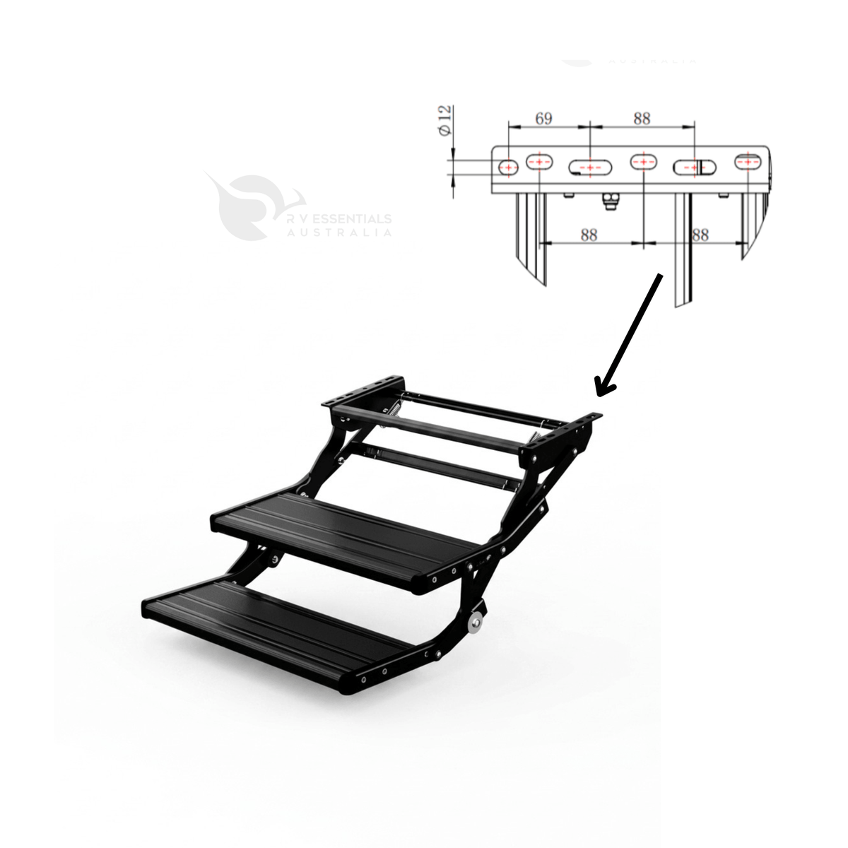 Drawing of the mounting rail showing 12 mm bolt holes and slot spacing, with an arrow pointing to the black double step
