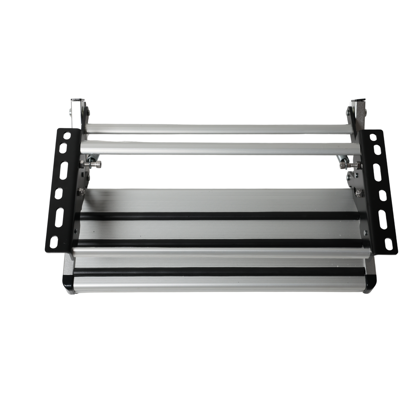 Top view of folded single pull-out caravan step with aluminium tread and 12mm bolt slots