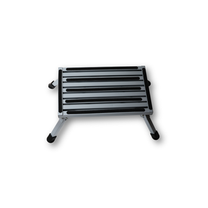A small step stool with a silver aluminum frame and black rubberized non-slip grips on the step surface, shown from an elevated angle on a white background.