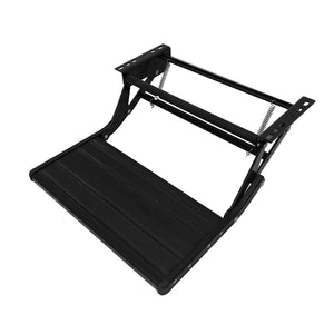 A black metal step ladder with a textured non-slip tread and spring-loaded hinges, shown on a solid white background.