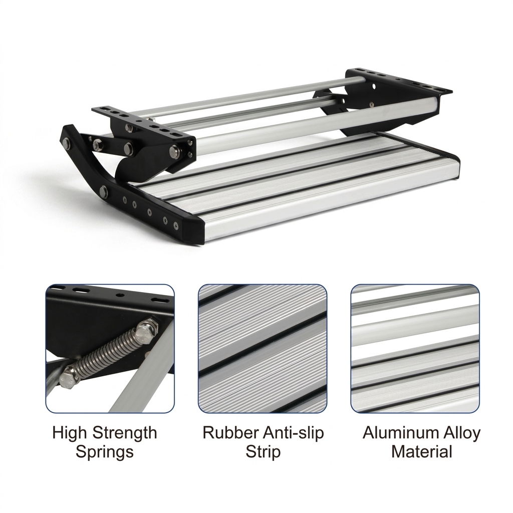 Aluminum step ladder with black metal brackets and silver rails, shown on a white background with three inset detail images highlighting high strength springs, rubber anti-slip strips, and aluminum alloy material.