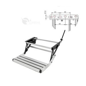 A silver aluminum and black metal step ladder shown on a white background, with a small technical dimension diagram and arrow pointing to the side rail.