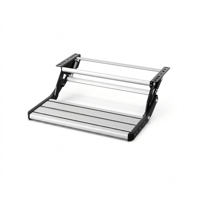 Aluminium single pull-out caravan step in open position with rubber grip strips